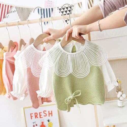 Baby Girls Spring New Tide Color Long Sleeve Round Collar Sweater Knit Princess Two-piece Sets Hot Style Childrens Clothing