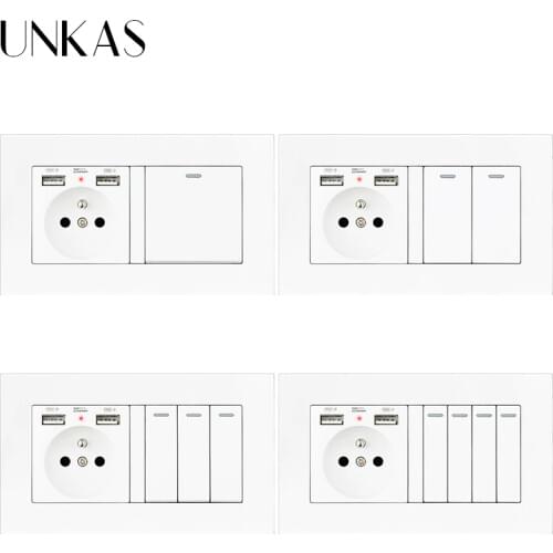 UNKAS French Standard Wall Socket Dual USB Port 146*86MM + 1 2 3 4 Gang 1 / 2 Way On / Off Light Switch PC Plastic Panel Outlet