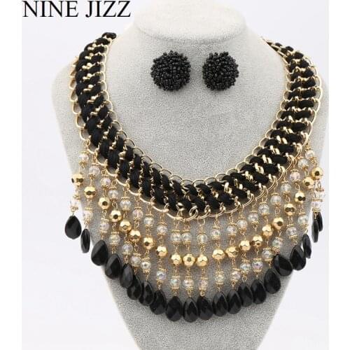 NINEJIZZ Vintage Necklace Set Earring Bracelet Necklace Lady Set Bohemia Crystal Black Broken Stone Long Tassel Wedding Jewelry