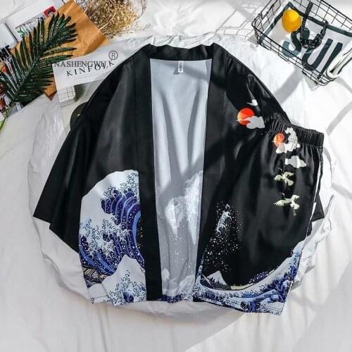 Printing Japanese Kimono Men Clothing T-shirt Cotton National Style Short-Sleeved Cropped Trousers Summer Male Two-Piece Costume