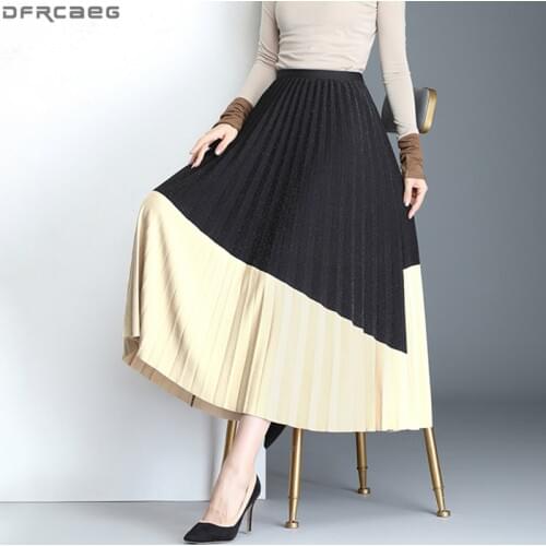 New Fashion Patchwork Long Skirt Women Elegant High Waist Elastic Maxi Jupe Femme Spring Autumn Vintage Pleated Ladies Skirts