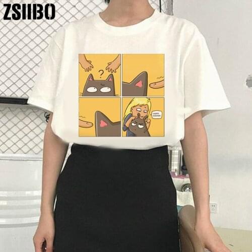 Women Shirt Funny cute cat clothes vintage Short Sleeve T-shirts vegan punk ropa mujer jersey clothing Tshirts Tops warrior tee