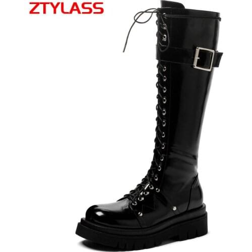 Black White Knee High Boots Women Shoes Flat Heel Knee High Boots Platform Zipper Motorcycle Boots Winter Shoes Ladies