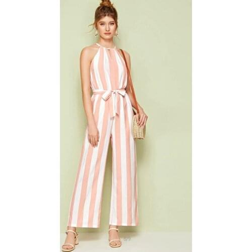 Neatie kiddie Sexy Fashion Halter Stripe Jumpsuit Sleeveless Straight Slash Summer Casual Romper Playsuit Women
