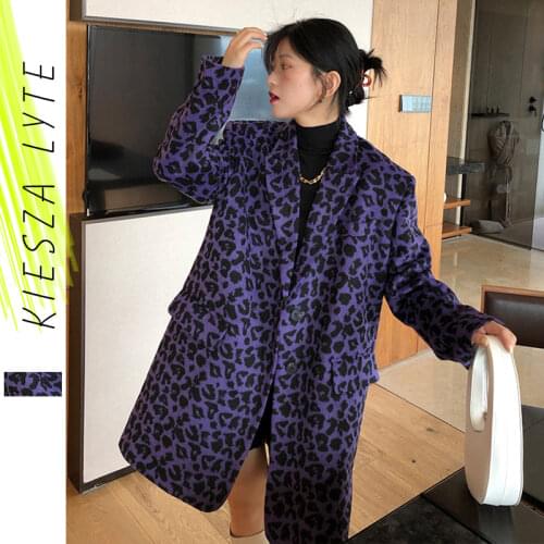 New Purple Leopard Print Loose Woollen Coat Lady Notched Jacket Blazer Female Outerwear Chic High Street