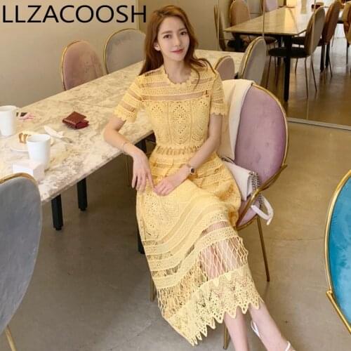 Vestidos De Verano Mujer 2019 Womens New Korean Temperament Lace Openwork Waist Large Swing Light Yellow Dress Sukienka Letnia