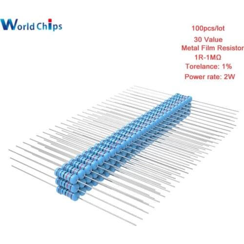 100pcs/lot 1% 2W 1R-1MΩ Metal Film Resistor 1R 4.7R 10R 100R 220R 1K 2.2K 4.7K 6.8K 10K 22K 47K 100K 470K 1MΩ Ohm Resistance