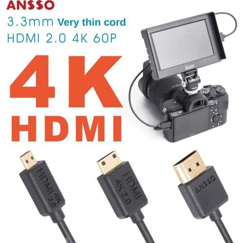 Ansso Mini Micro HDMI 4K60P Ultra-fine Super Flexible Cord DSLR Micro Single Atomos HDMI 2.0 4K 60P 18Gbps HDR 40CM 70CM 130CM