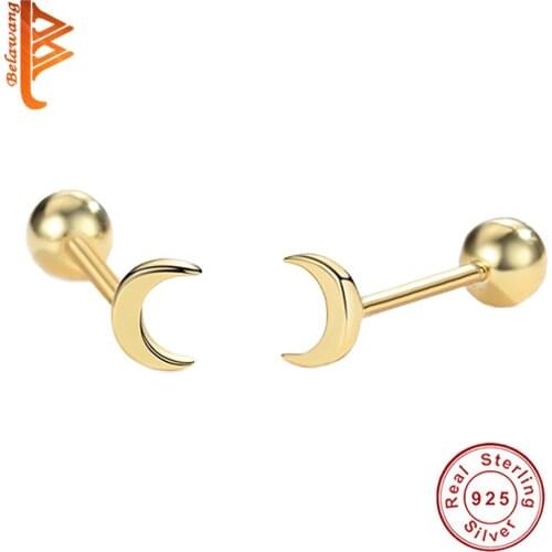 Authentic 925 Sterling Silver with 18k Gold Plated Moon Barbell Stud Earring For Women Popular Jewelry Wedding Gift