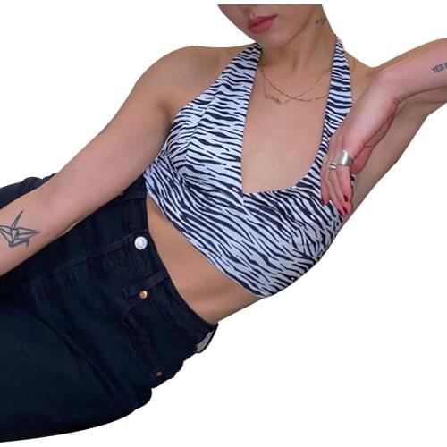 2020 New Hot Fashion Womens Short Vest Sports Tank Top Zebra-Stripe Neck Hanging Backless Low-Cut V-Neck Bra Gym топы женские