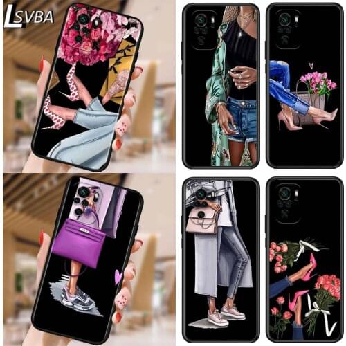 High Heels Flower Girl for Xiaomi Redmi Note 10 10S 9 9T 9S 9Pro Max 8T 8Pro 8 7 6 5 Pro 5A 4X 4 Soft Black Phone Case