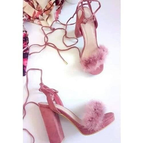 Choudory Pink Lake Blue Sweet Fur Sandals Women Fluffy Chunky Heels Wedding Shoes Open Toe Luxury Banquet Pumps Size46