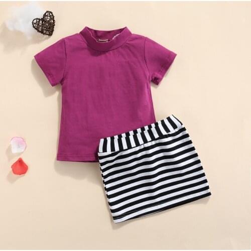 FOCUSNORM Summer Kids Girls Fashion Clothes Sets 0-5Y Solid Short Sleeve T Shirts Tops Striped Mini Skirts 2pcs
