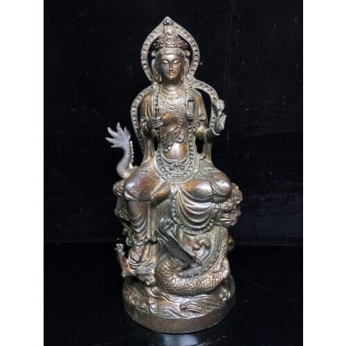 11"Chinese temple collection Old Bronze Cinnabar Lacquer Northern Wei Buddha Ride a dragon Guanyin Bodhisattva Sitting Buddha