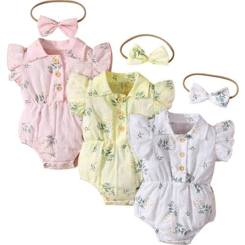 FOCUSNORM Baby Girls Lovely Rompers Headband 2pcs Flowers Printed Ruffles Short Sleeve Turn Down Collar Jumpsuits