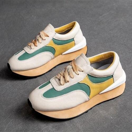 Autumn And Winter Casual Womens Shoes Leather Flat Lace Up Platform Sneakers Round Head Color Matching Sports Shoes Ladies