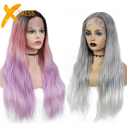 Long Natural Wave Synthetic Lace Front Wig Middle Part Rose Pink Grey Colored Heat Resistant Hair Wigs For Black Women X-TRESS