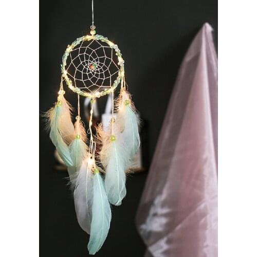 Kawaii Dream Catcher Girls Room Decoration Light Green Feather Pendant Wind Chimes Home Hanging Decor Wedding Background Crafts