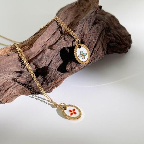 Monlansher Oval Button Lucky Clover Pendant Necklace Red Blue Enamel Titanium Steel Chain Choker French Lovely Necklaces Jewelry