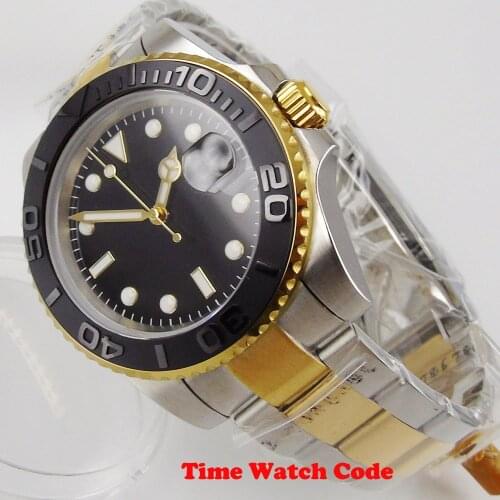 40mm NH35/Miyota 8215 Sapphire Automatic Mens Watch Black Dial Date Gold Plated Oyster Bracelet Date Cyclops Glide Lock