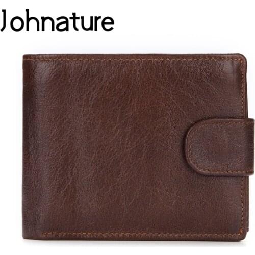 Johnature Male Small Short Wallet 2020 New Casual Mens Wallet Leather Genuine Solid Color Hasp Coin Purse Wallet Card Holder
