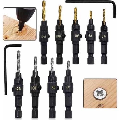 Onnfang 4/5Pcs Countersink Drill Bit Set 1/4 inch Hex Shank Power Tools Accessories For woodworking #5 #6 #8 #10 #12 With wrench