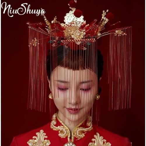 NiuShuya Retro Chinese Xiuhe Headdress Accessories Wedding Hairwear Red Pompoms Costume Bridal Hair Jewlery