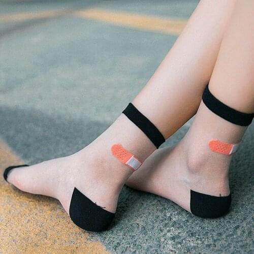 Japanese Summer Women Transparent Socks Harajuku Stretch Band Aid OK Crystal Sock Japan Glass Silk Art Socks Calcetines Mujer