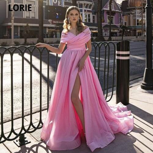 LORIE Stylish Puffy Pink Off Shoulder Evening Dresses High Split African Birthday Special Occasion Dresses Prom Party Gowns