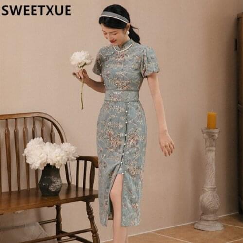 SWEETXUE Green Temperament Elegant Cheongsam Dress Womens Summer Bubble Sleeve Beaded Slit Chic Dress + Necklace Vestidos Robe