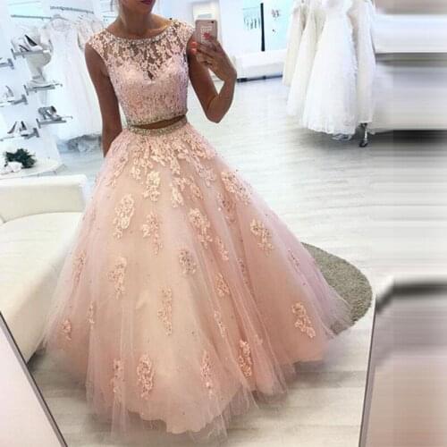 Two Pieces Tulle Prom Dresses 2021 Beaded Lace Applique Evening Party Gowns Sleeveless Crystal O Neck Party Dresses