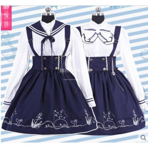 Japanese Sen female long-sleeved college style student sailor cute navy collar shirt high waist strap dress