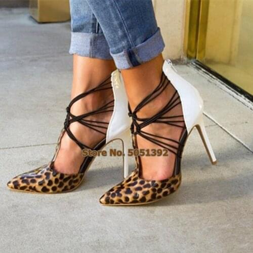 Women Sandals Summer High Thin Heel Lace-cross Pointed Toe Mixed Colors Leopard Sexy Fashion Stiletto Heel Pumps Big Size