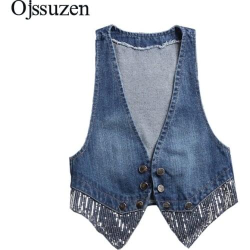 Womens Vest Denim Fashion V Neck Open Stitch Bow Vintage Sequins Female Vest Jeans Short Bleached Denim Colete Feminino