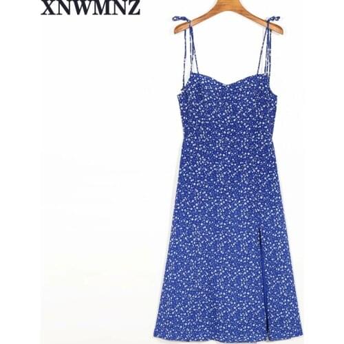 Polka Dot Sleeveless Beach Dress Summer 2020 Casual Blue Sundress Sexy Split Spaghetti Strap Off Shoulder Women Midi Dresses za