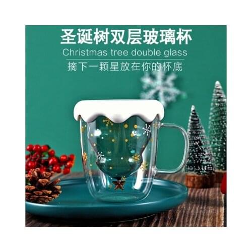 300 ML Creative Christmas Tree Glass Cup Heat-resistant Double Wall Glass Cup Coffee Mug with Lid Cute Christmas Gifts for Girls