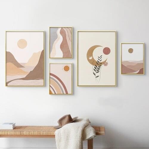 Abstract Boho Mid Century Landscape Poster Sun and Moon Rainbow Mountain Canvas Painting Print Wall Art Picture Home Decoration
