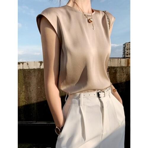 Satin sleeveless vest womens summer round neck Top 0515