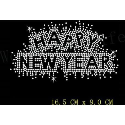 Free shipping happy new year design hotfix rhinestones transfer design motif bling for clothing