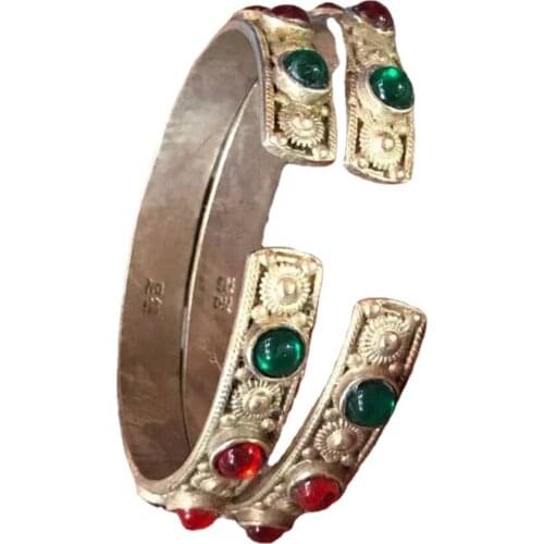 1pc Chinese Tibetan Silver Bracelet ornament inlaid with Gemstone opening womens Bracelet