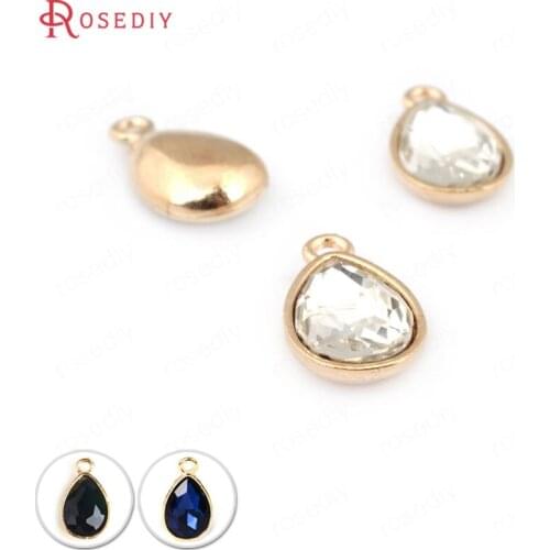 F291)10 pieces 20*12mm Gold Color + Rhinestone Alloy and Glass Tear Drop Shape Charms End Beads Jewelry Findings Accessories