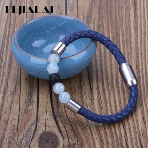 KEJIALAI 8mm Natural Fashion Stone Bead Stainless Steel Charms Genuine Leather Handmade Unisex Bracelet Bangle B5016