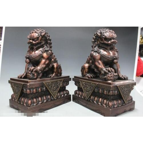 China Feng Shui Guardian Door Bei Jing Fu Foo Dog Lion red bronze statue Pair