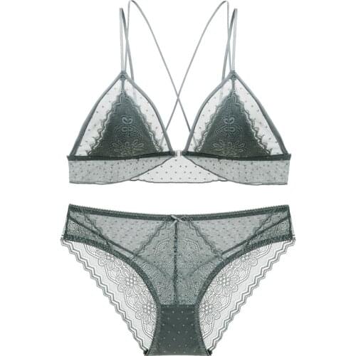 Sexy Mesh Lace Patchwork Triangle Cup Bra and Panties Set Underwear Front Closure Cross Backless Thin Lined Bra Women Lingerie