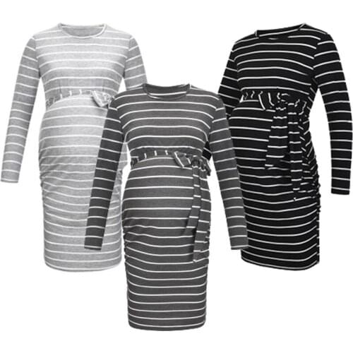 Pregnancy Clothes Cotton Maternity Dress Long Sleeve Boat Neck Fashion Maternity Dress for Pregnant women Striped Dress Casual