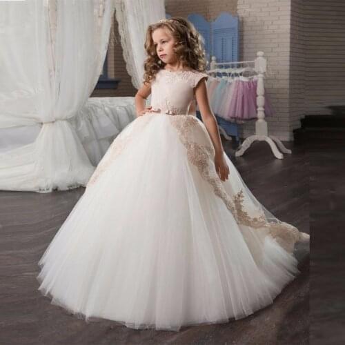 Backless Flower Girl Dresses For Weddings Ball Gown Cap Sleeves Tulle Applique Bow Long First Communion Dresses For Little Girls
