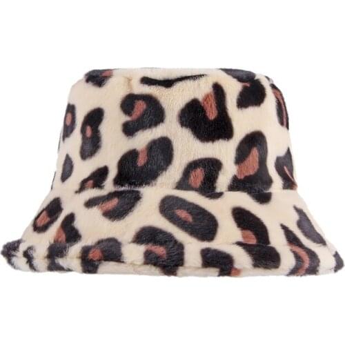 Leopard Flat Top Autumn Winter Faux Rabbit Fur Fishermans Hat Keep Warm Girl Fashion New Basin Cap Women Bucket Cap