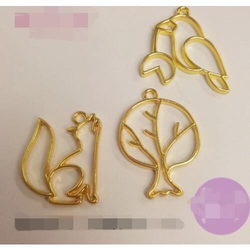 10 pcs/lot Crows fox trees shape Metal Frame Pendant Gold Charm Bezel Setting Cabochon Setting UV Resin Charm