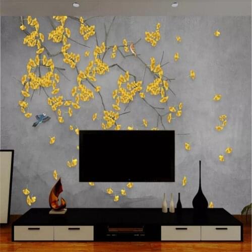 Custom wallpaper Ginkgo hand-painted pen and bird new Chinese-style wall decoration painting - high quality silk cloth