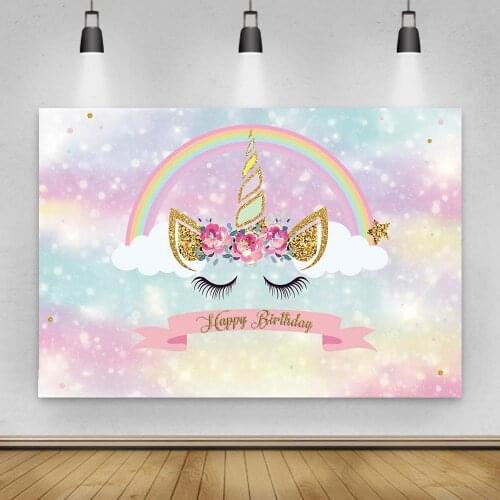 Rainbow Floral Unicorn Clouds Wing Princess Girl Birthday Backdrops Party Decor Flash Snow Cake Table Decoration Backgrounds